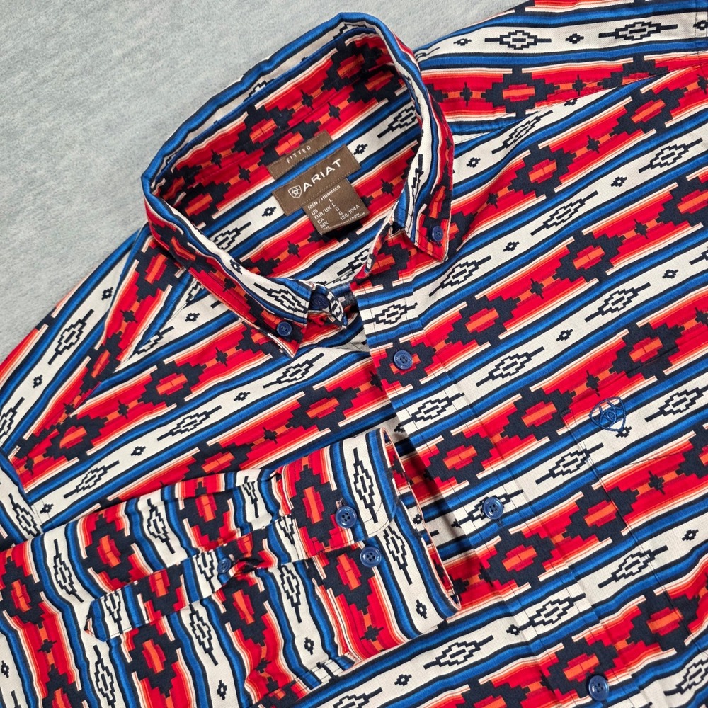Ariat Men Large Fitted Southwestern Geometric Button Down Western Shirt Red Blue